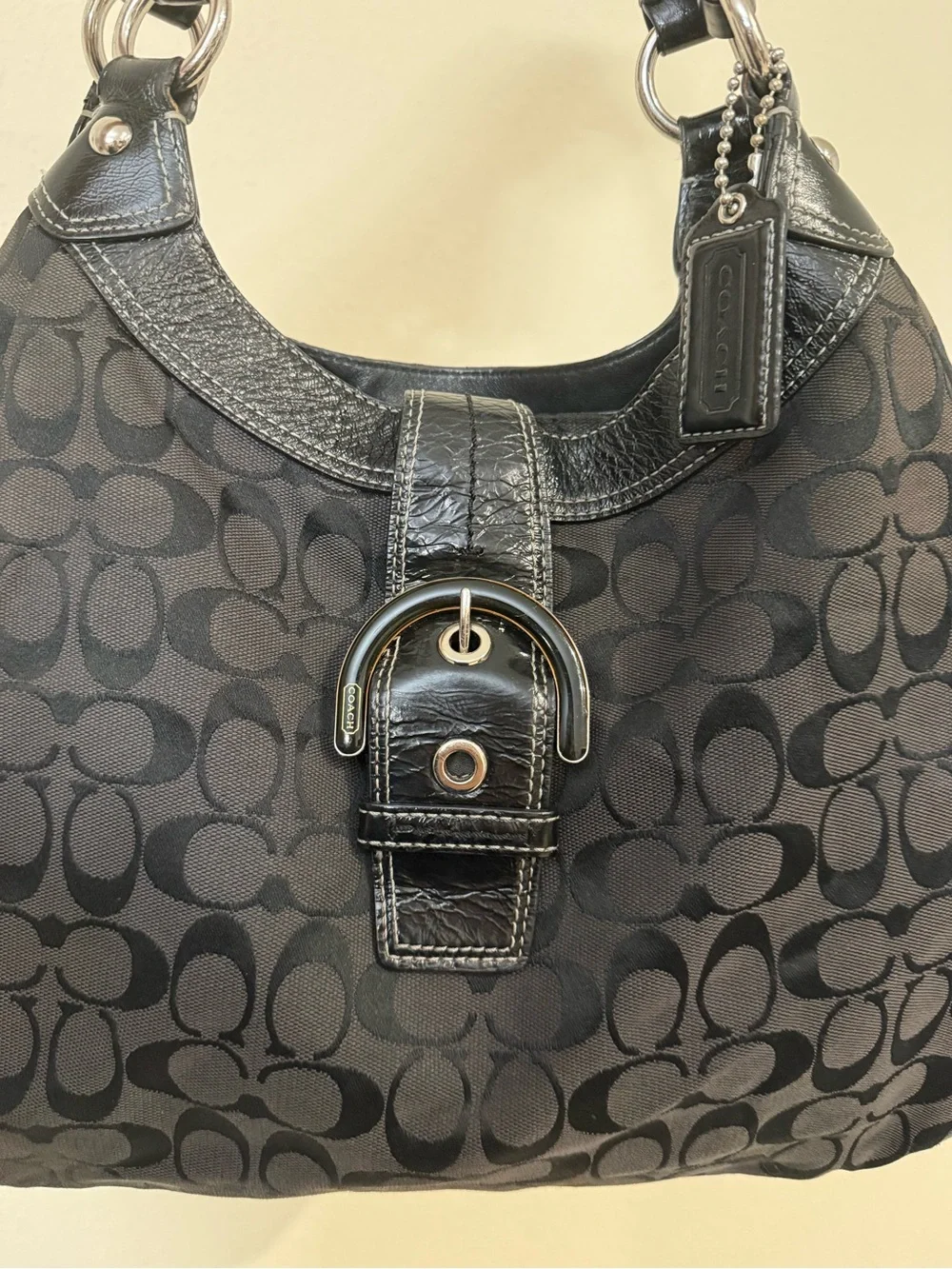 Coach Black Signature Soho Hobo Canvas Shoulder Bag with Buckle Detail